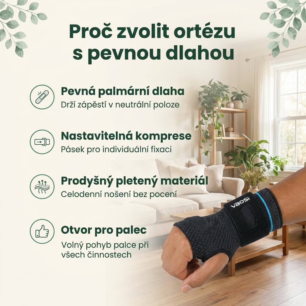 Ortéza na zápěstí s nastavitelnou kompresí a pevnou palmární dlahou